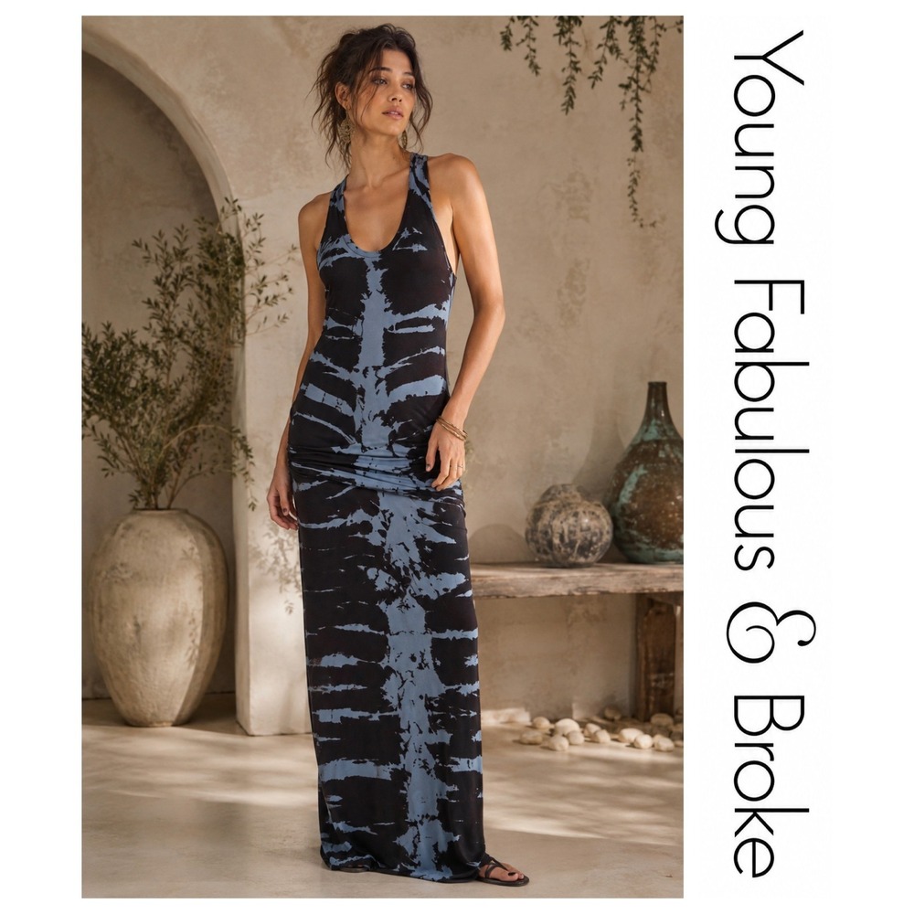 Young Fabulous & Broke Hampton Maxi Dress Sleeveless Blue Black Tie Dye Size S